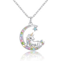 Lanqueen Unicorn Necklace Moon Pendant Necklaces Birthday Christmas Halloween Unicorn Jewelry Gifts for Daughter Granddaughter Niece---LCA007-Moon DJS Necklace