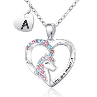 Lanqueen Silver Unicorn Necklace for Women Girls A Initial Necklaces Heart Pendant Christmas Birthday Party Valentines Day Jewelry Gifts for Teens Daughter Granddaughter Niece Sister---LCA050-A