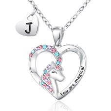 Lanqueen Silver Unicorn Necklace for Women Girls J Initial Necklaces Heart Pendant Christmas Birthday Party Valentines Day Jewelry Gifts for Teens Daughter Granddaughter Niece Sister---LCA050-J