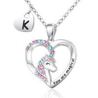 Lanqueen Silver Unicorn Necklace for Women Girls K Initial Necklaces Heart Pendant Christmas Birthday Party Valentines Day Jewelry Gifts for Teens Daughter Granddaughter Niece Sister---LCA050-K