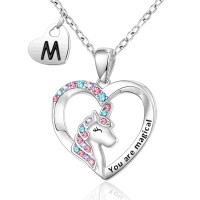 Lanqueen Silver Unicorn Necklace for Women Girls M Initial Necklaces Heart Pendant Christmas Birthday Party Valentines Day Jewelry Gifts for Teens Daughter Granddaughter Niece Sister---LCA050-M